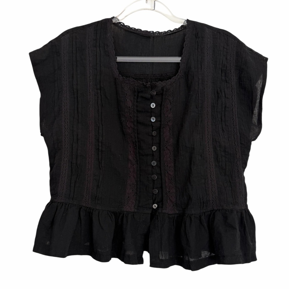 Black Button-Down Short Sleeved Light Boho Women's Top